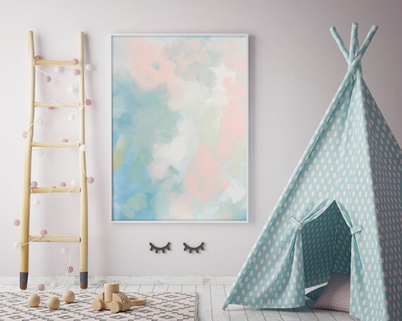 Z Abstract Nursery Pastel Peach Blue Canvas Nursery Art Pastel Living Room Art Light Blue Bedroom Art Pastel Peach Pink Teal Canvas Blue