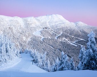 May include: A snowy mountain landscape with a ski resort in the background. The sky is a soft pink and blue, and the trees are covered in snow.