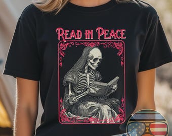 Läs i fred skelettläsare för Halloween bokälskare kortärmad t-shirt unisex