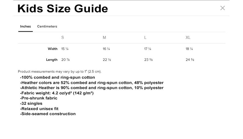 May include: Kids size guide chart with measurements in inches and centimeters for width and length. Sizes include S, M, L, and XL.  Product measurements may vary by up to 1 inch (2.5 cm).  100% combed and ring-spun cotton. Heather colors are 52% combed and ring-spun cotton, 48% polyester. Athletic Heather is 90% combed and ring-spun cotton, 10% polyester. Fabric weight: 4.2 oz/yd&sup2; (142 g/m&sup2;). Pre-shrunk fabric. 32 singles. Relaxed unisex fit. Side-seamed construction.