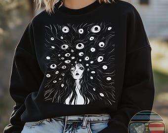 Japansk Skräck Manga Ögon - Anime-inspirerad Goth Creepy Dark Academia Unisex Komfortfärger T-shirt, Sweatshirt