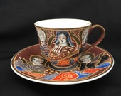Vintage 1940 39 s Occupied Japan Demitasse Satsuma Moriage Kannon Goddess Immortals Cup and Saucer Set