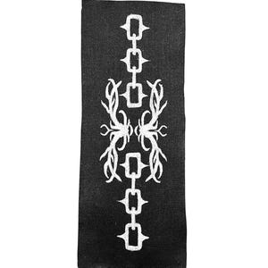 May include: Black fabric patch with a white embroidered design of a chain with thorns. The chain is vertical and the thorns are on either side of the chain.