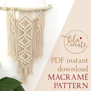 May include: A beige macrame wall hanging with a wooden dowel at the top. The macrame pattern features a series of diamond shapes. The text "PDF instant download MACRAME PATTERN" is written in red and brown on a beige background.