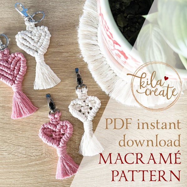 Makramee-Herz-Schlüsselanhänger PDF Muster Tutorial Sofort-Download | Kostenlose Anleitung für Makrameeknoten | Boho Schlüsselanhänger | Taschenanhänger | Valentinstag Geschenk