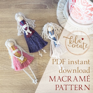 May include: Three macrame doll patterns with different coloured yarn. The dolls have long hair and are wearing dresses. The text "PDF instant download MACRAME PATTERN" is at the bottom of the image.