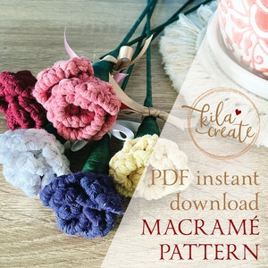 May include: A PDF instant download pattern for a macrame flower bouquet. The bouquet is made of five flowers in different colors: red, pink, white, yellow, and blue. The flowers are arranged in a vase on a wooden table. The text "PDF instant download MACRAME PATTERN" is visible in the image.