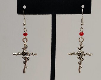 Christian Cross Earrings - Silver Cross Earrings - Cross Earrings - Rose Cross Earrings - Rose Earrings - Religious Earrings