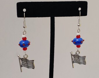 USA - Blue/Red Polka Dot Bead - Silver Flag - Patriotic Earrings - America Earrings - America Jewelry - Patriotic Jewelry