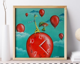 Giraffe Nursery Wall Clock: Hand-Painted Whimsical Art, Balloons illustration Children's room silent clock