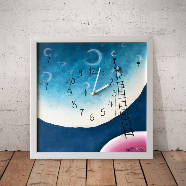 Moon girl horloge murale Horloge céleste Lune et étoiles horloge illustrée Horloge de chambre Filles cadeau Filles cadeau Cartoon horloge carré vintage cadre