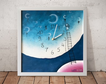 Moon Girl Wall Clock, Celestial Nursery Decor, Silent Kids Room Clock