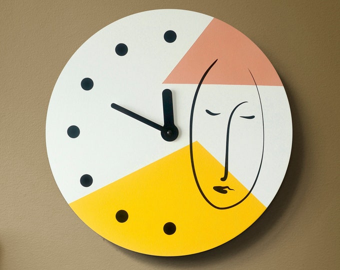 Abstract one line face wall clock Minimalist colorful wall decor Geometric clock in yellow and pale pink colors Wooden clock Unusual clock