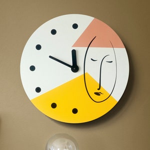 Abstract one line face wall clock Minimalist colorful wall decor Geometric clock in yellow and pale pink colors Wooden clock Unusual clock