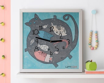 Cat wall clock Cat lovers clock Girls room clock Cat with fishes illustration Square unique clock Gift for her Kids Room Decor