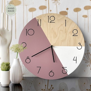 Horloge murale vieux rose avec chiffres Art mural moderne Horloge en bois minimaliste Décoration unique du milieu du siècle