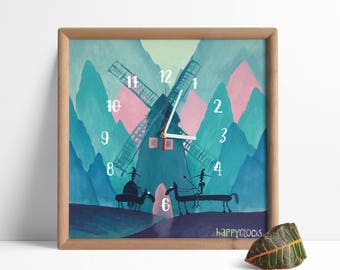 Don quixote wall clock Oilpainted illustration Deep teal blue pink white clock Large wall clock Square wooden frame