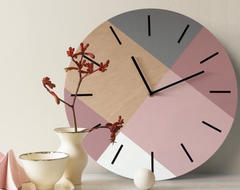 Reloj de pared Scandi con colores pastel Reloj minimalista de madera Decoración púrpura pálido y rosa pálido Reloj único geométrico Reloj personalizado