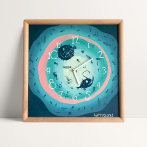 Reloj de pared para niños Fishes reloj ilustrado Reloj de guardería con números Reloj infantil de dibujos animados Reloj de habitación para niños Regalo para niños