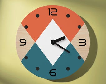 Mid century wooden wall clock Unusual geometric wall art in teal and orange Minimalist scandinavian decor