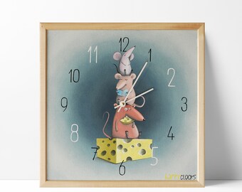 Kids mice wall clock Childrens room clock Kids clock with numbers Illustrated kids clock Nursery clock Wooden frame Unusual wall clock