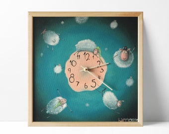 Cosmic sheeps wall clock Turquoise pink white colors Colorful home decor Funny illustration clock Oil-painted artwork Square wooden frame