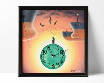 Little prince wall clock Sunset colors Orange yellow purple green Oilpainted illustrated clock Children room colorful decor Large clock