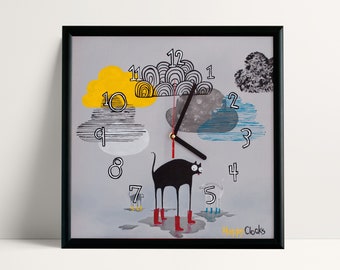 Cat lovers wall clock Oil Painted Illustration, Kids Room Decor Nursery wall art