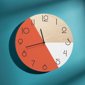Reloj de pared de madera naranja y blanca Arte de pared de mediados de siglo Reloj moderno con números Reloj silencioso