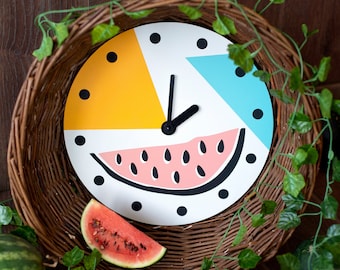 Watermelon wall clock Summer geometric colorful wall art Yellow Deep teal blue and pink fresh colors Large wooden clock Watermelon decor