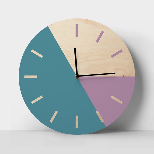 Minimalist wall clock Masculine Clock Teal and purple clock Geometric wall art Large clock Scandinavian clock