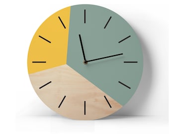 Scandinavian wall clock Pale teal and pale mustard colour Geometric round clock Minimalist wall art