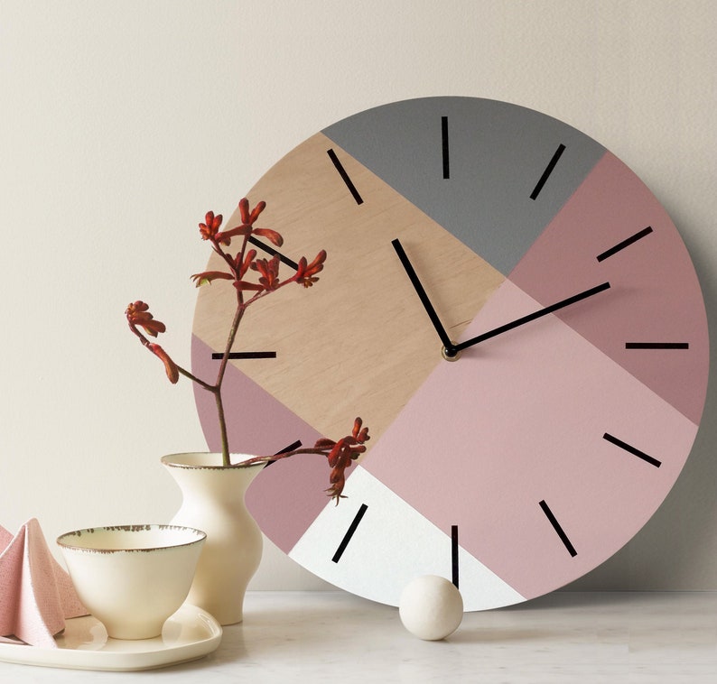 Scandi wall clock with pastel colors Minimalist wooden clock Pale purple and pale pink decor Geometric unique clock Personalized clock image 1