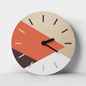 Minimalist wall clock Geometric wall decor Orange brown white colors Mid-century wall clock Wooden round clock Colorful unique gift