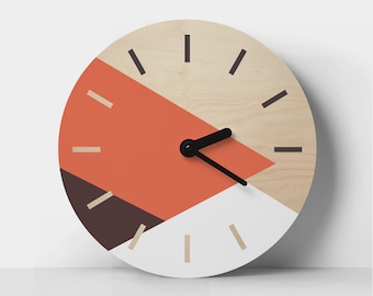 Horloge murale minimaliste Décoration murale géométrique Couleurs orange brun blanc Horloge murale du milieu du siècle Horloge ronde en bois Cadeau unique coloré