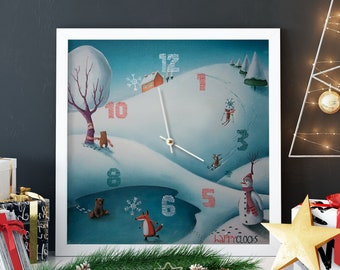 Horloge murale de Noël Cadeau de Noël Décoration murale d'hiver Illustration de bonhomme de neige Horloge de Noël Cadeau de Noël pour enfants Décoration d'ambiance hivernale