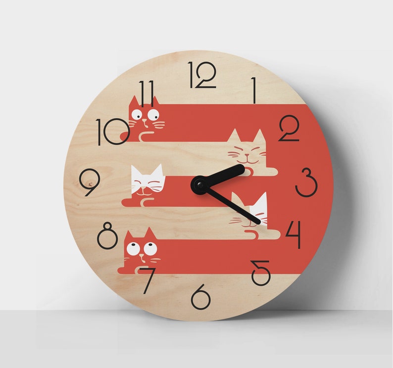 Cats Wall Clock Personalized Clock Yellow and Gray Woodwork Etsy