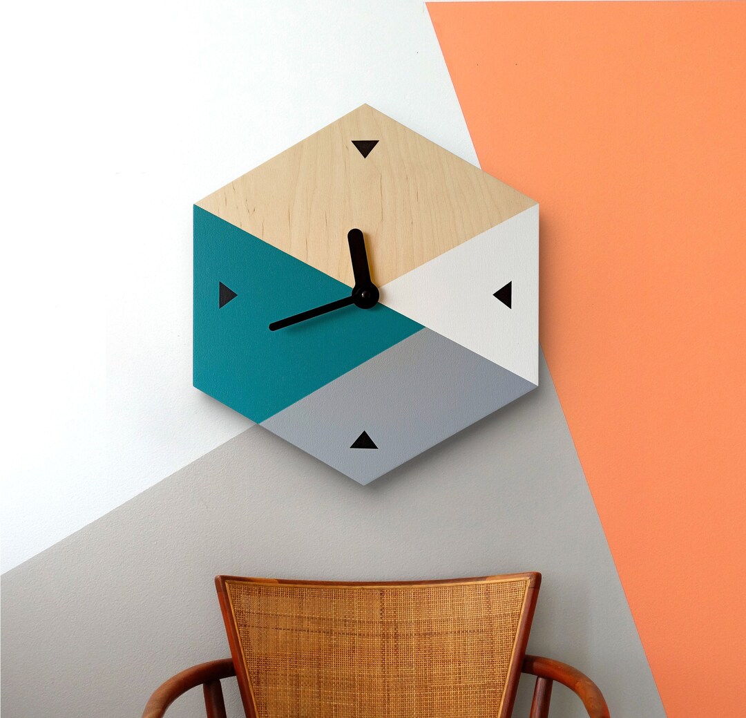 Midcentury Wall Clock Hexagonal Wooden Clock Deep Teal Blue and Gray