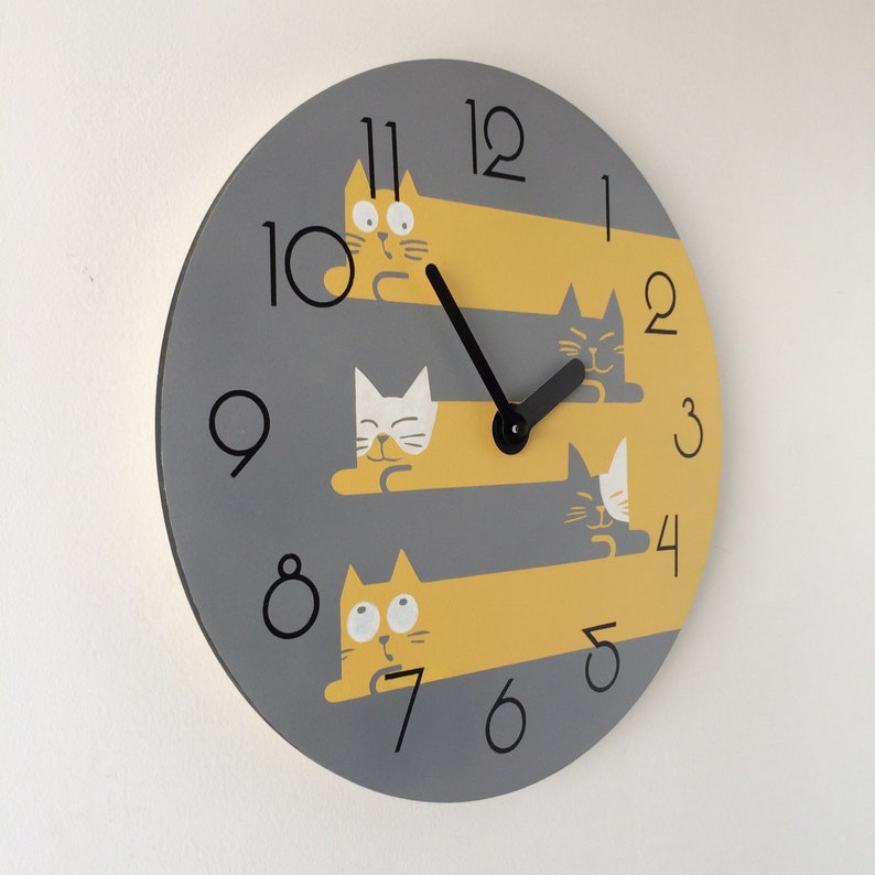 Cats wall clock Personalized clock Yellow and gray woodwork Etsy