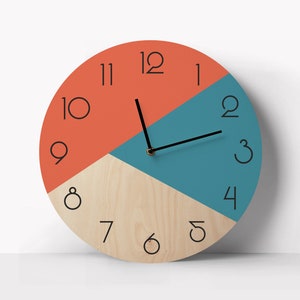 Artsy wall clock, Geometric unique clock, Multicolored wooden wall clock, Silent clock with numbers