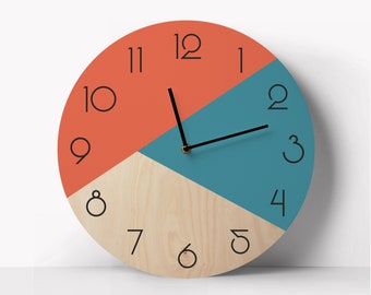 Artsy wall clock, Geometric unique clock, Multicolored wooden wall clock, Silent clock with numbers