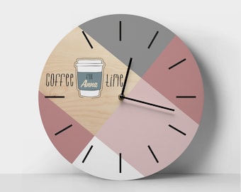 Coffee wall clock Coffee time clock Minimalist clock Geometric clock Personalized clock Round wooden clock Coffe cup clock