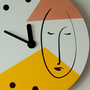 Abstract one line face wall clock Minimalist colorful wall decor Geometric clock in yellow and pale pink colors Wooden clock Unusual clock image 5