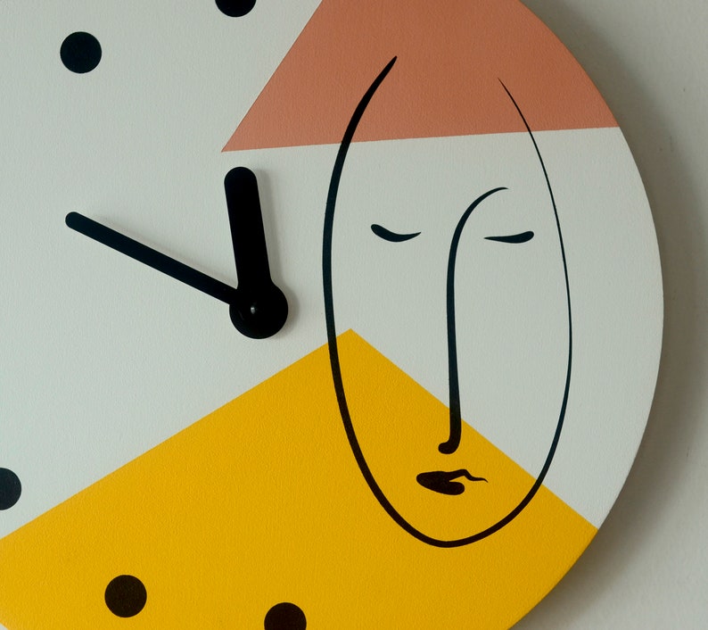 Abstract one line face wall clock Minimalist colorful wall decor Geometric clock in yellow and pale pink colors Wooden clock Unusual clock image 5