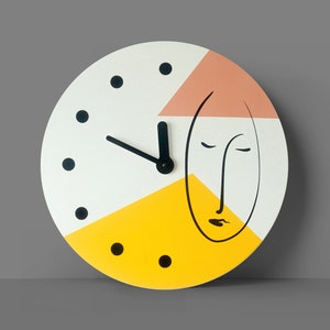 Abstract one line face wall clock Minimalist colorful wall decor Geometric clock in yellow and pale pink colors Wooden clock Unusual clock image 6