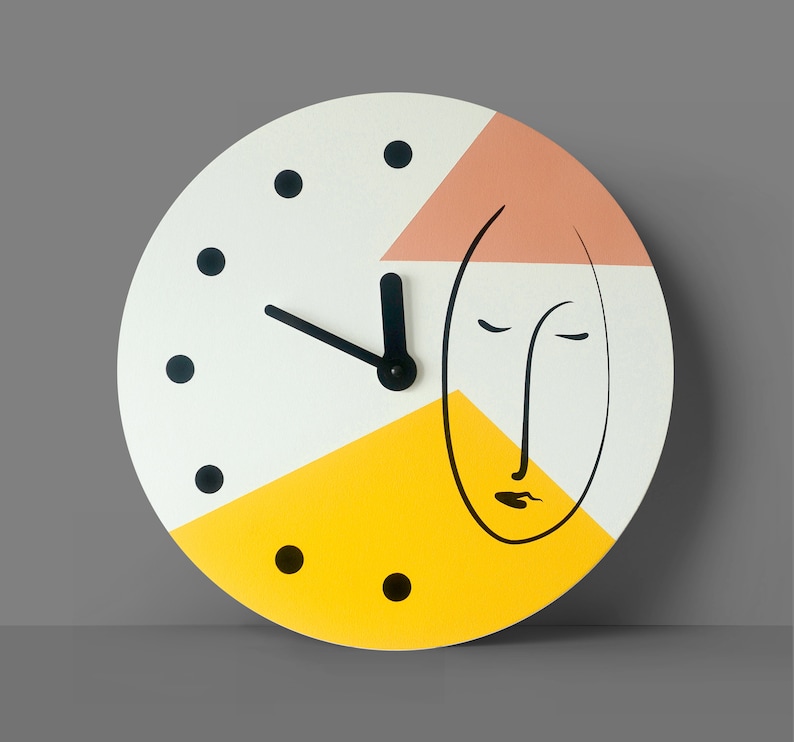 Abstract one line face wall clock Minimalist colorful wall decor Geometric clock in yellow and pale pink colors Wooden clock Unusual clock image 6