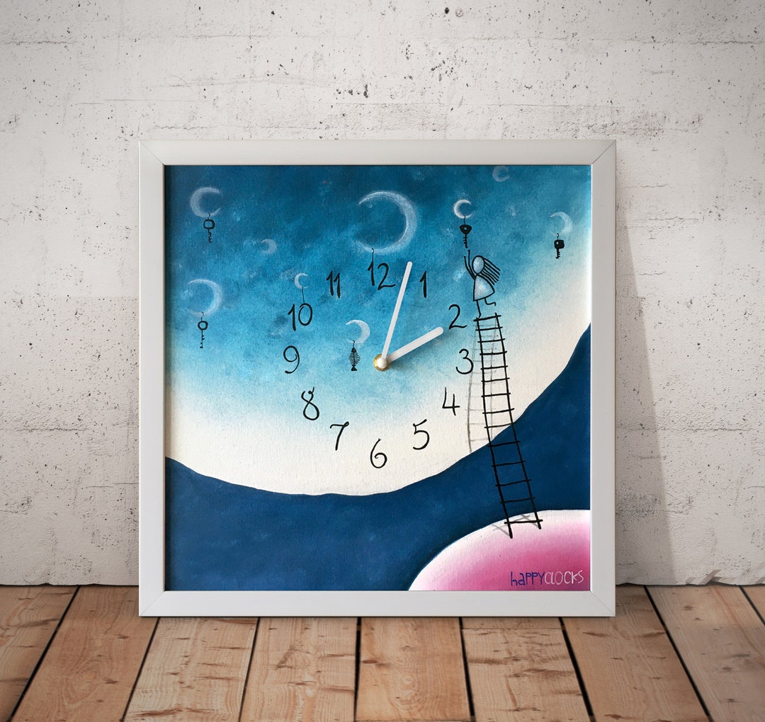 Moon Girl Wall Clock Celestial Clock Moon and Stars Illustrated Clock