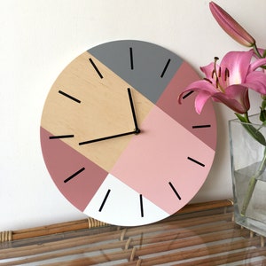 Scandi wall clock with pastel colors Minimalist wooden clock Pale purple and pale pink decor Geometric unique clock Personalized clock image 2