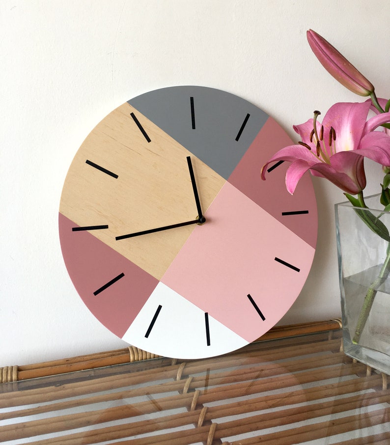 Scandi wall clock with pastel colors Minimalist wooden clock Pale purple and pale pink decor Geometric unique clock Personalized clock image 2