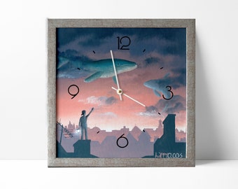 Flying whales wall clock Purple pink silver decor Oilpainted illustration Vintage wooden frame